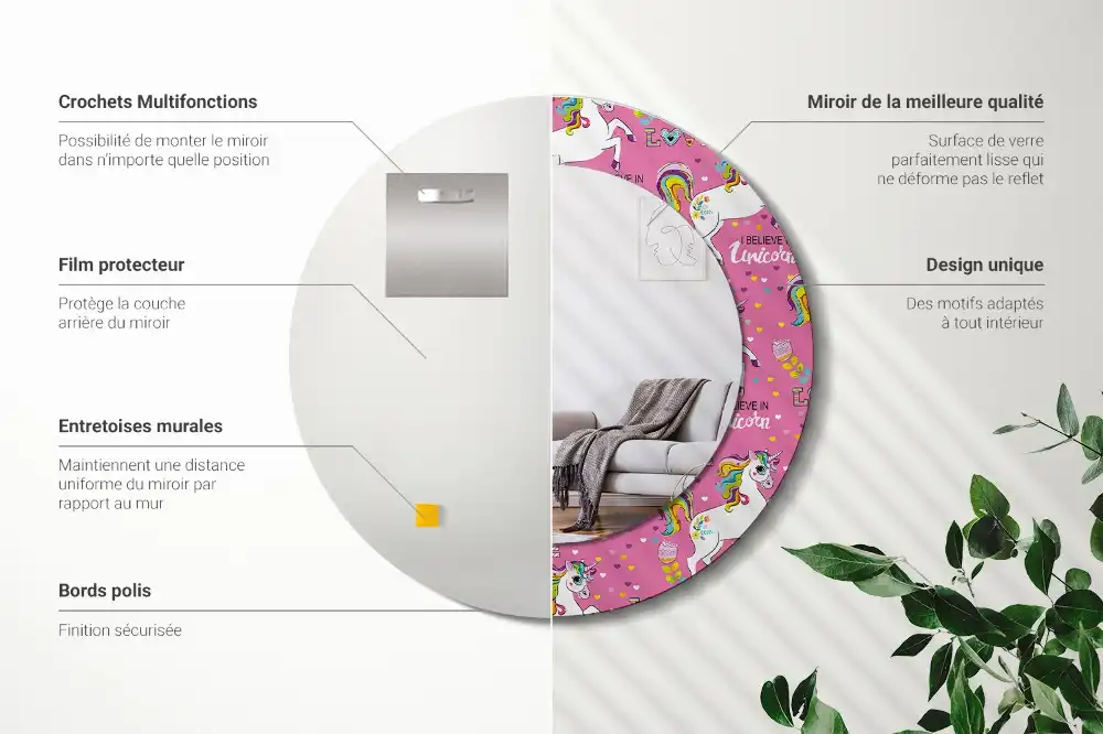 Miroir rond cadre avec impression licorne féerique
