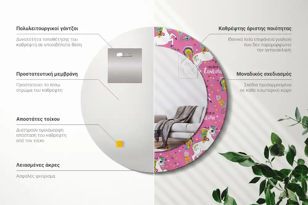 Miroir rond cadre avec impression licorne féerique
