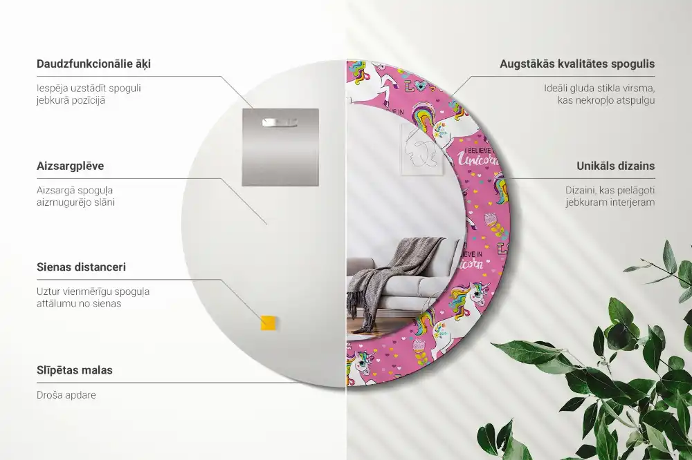 Miroir rond cadre avec impression licorne féerique