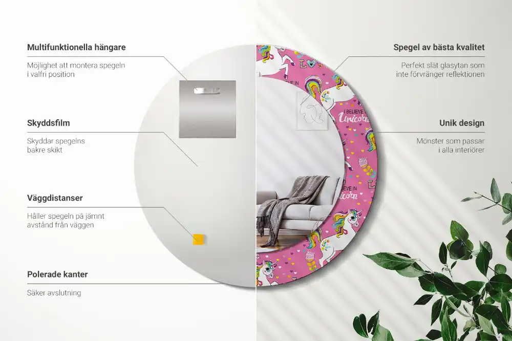 Miroir rond cadre avec impression licorne féerique