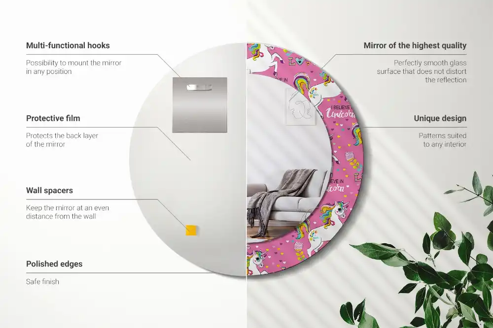 Miroir rond cadre avec impression licorne féerique