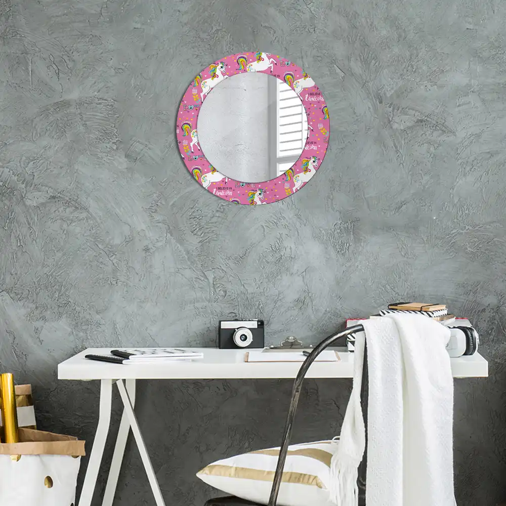 Miroir rond cadre avec impression licorne féerique