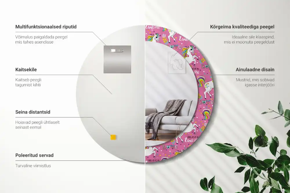 Miroir rond cadre avec impression licorne féerique