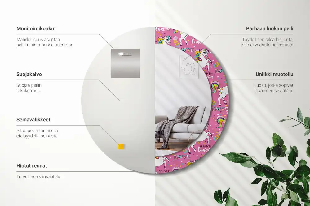 Miroir rond cadre avec impression licorne féerique