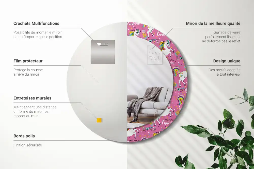 Miroir rond cadre avec impression licorne féerique