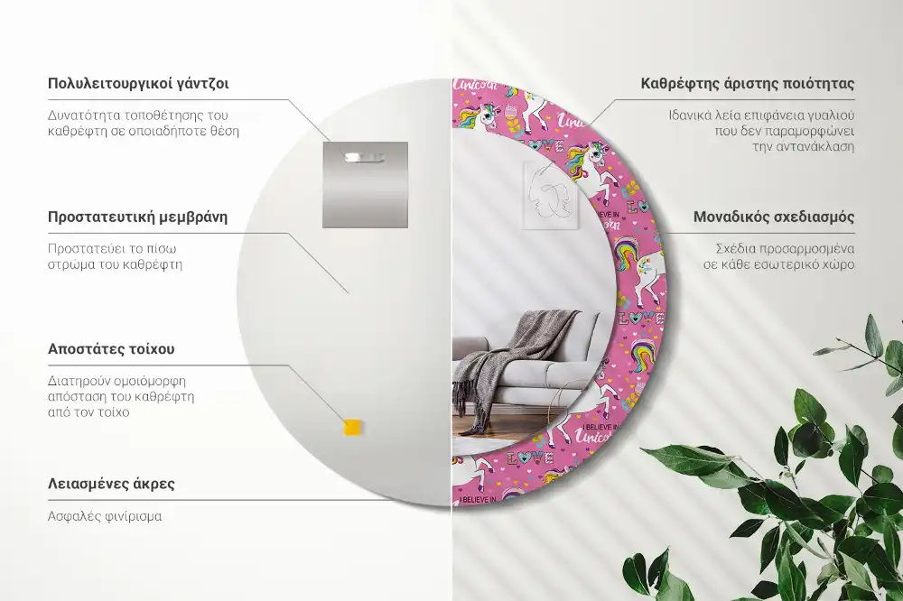 Miroir rond cadre avec impression licorne féerique
