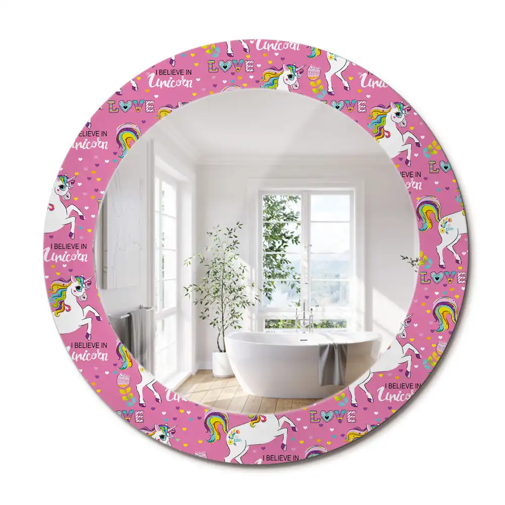 Miroir rond cadre avec impression licorne féerique