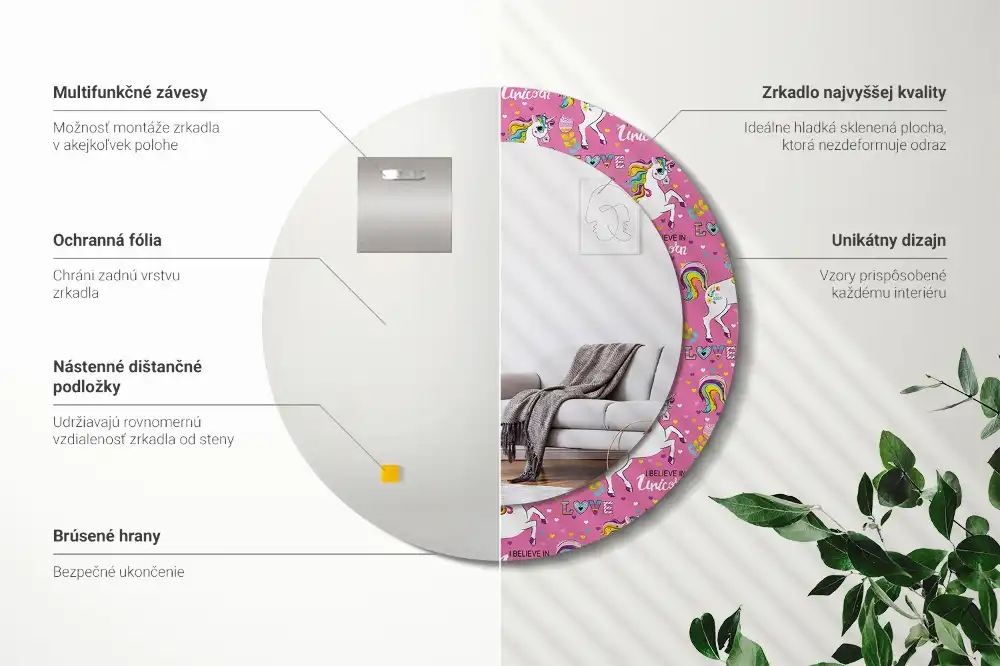 Miroir rond cadre avec impression licorne féerique