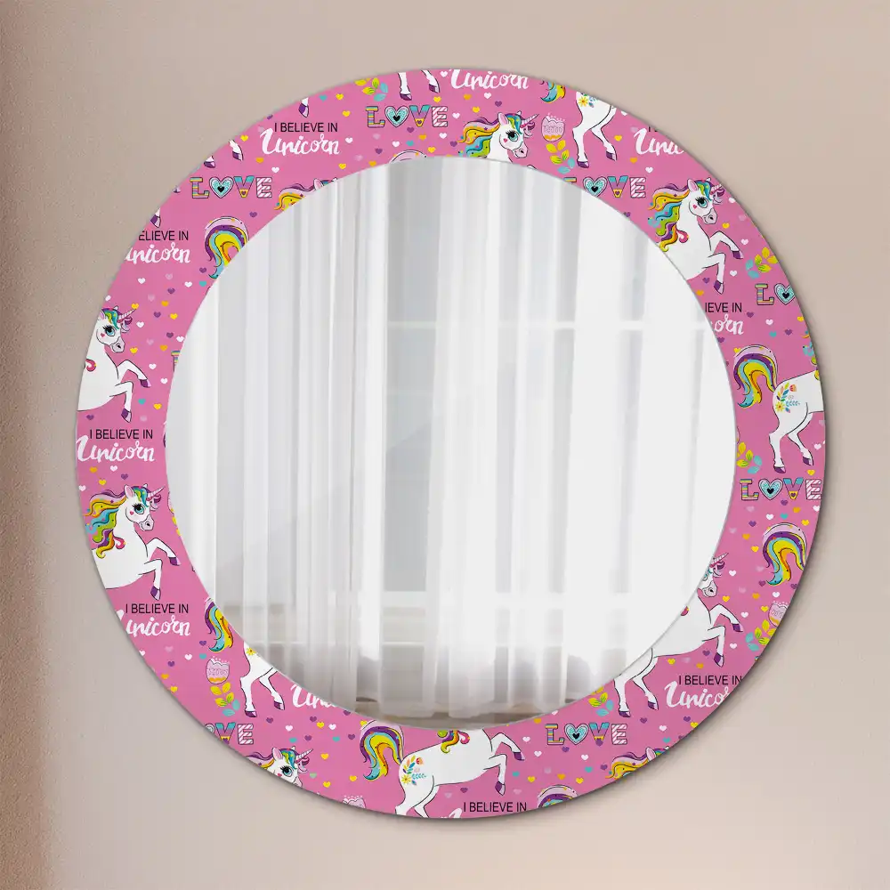 Miroir rond cadre avec impression licorne féerique