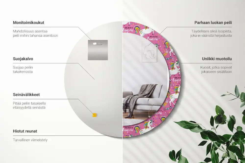 Miroir rond cadre avec impression licorne féerique