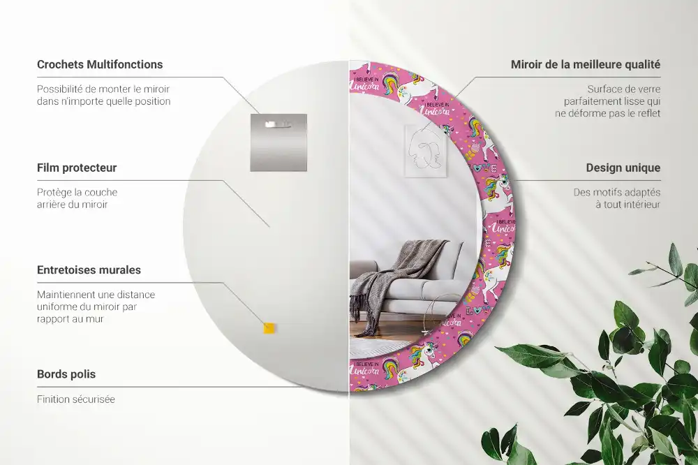 Miroir rond cadre avec impression licorne féerique