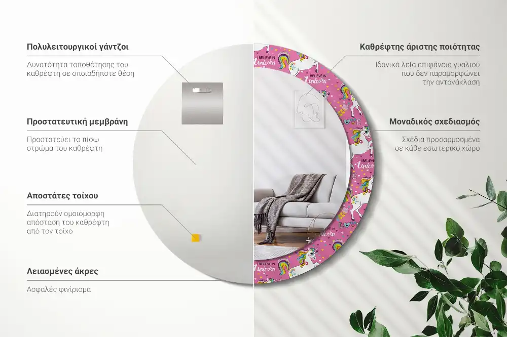 Miroir rond cadre avec impression licorne féerique