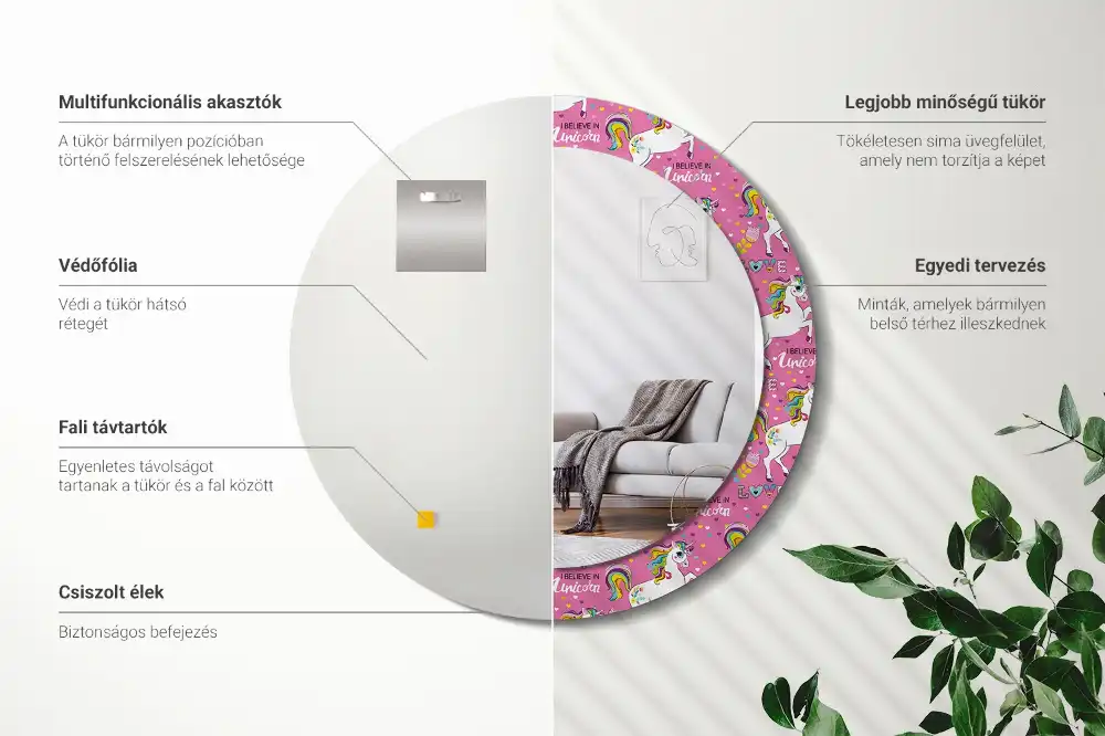 Miroir rond cadre avec impression licorne féerique