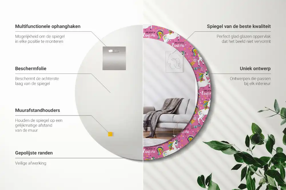 Miroir rond cadre avec impression licorne féerique