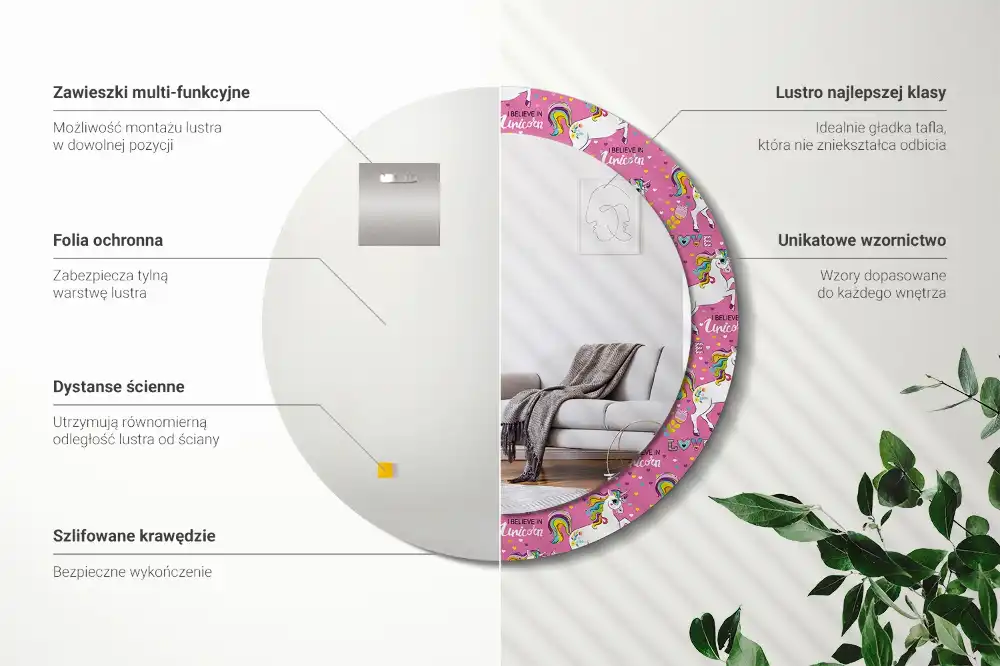 Miroir rond cadre avec impression licorne féerique