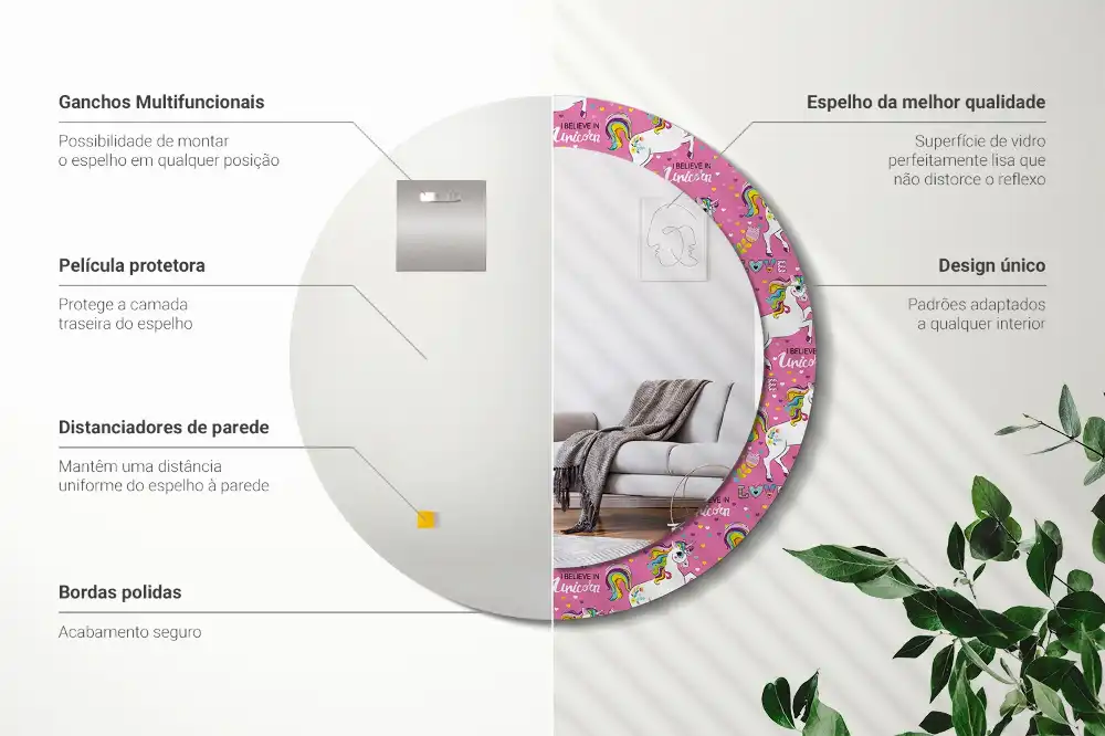 Miroir rond cadre avec impression licorne féerique