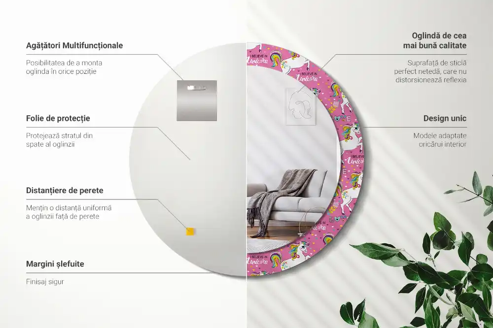 Miroir rond cadre avec impression licorne féerique