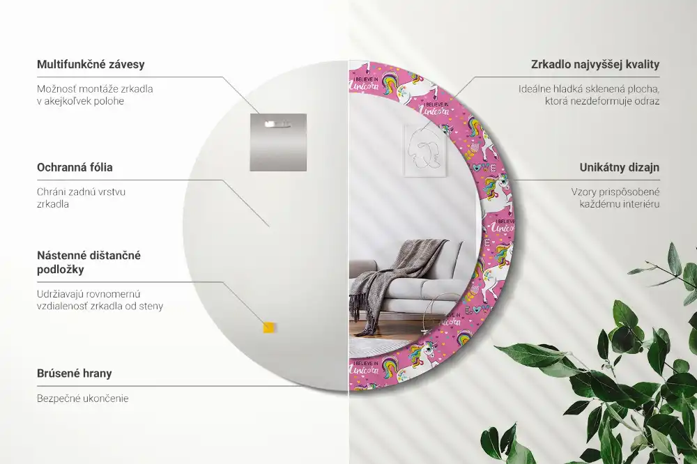 Miroir rond cadre avec impression licorne féerique