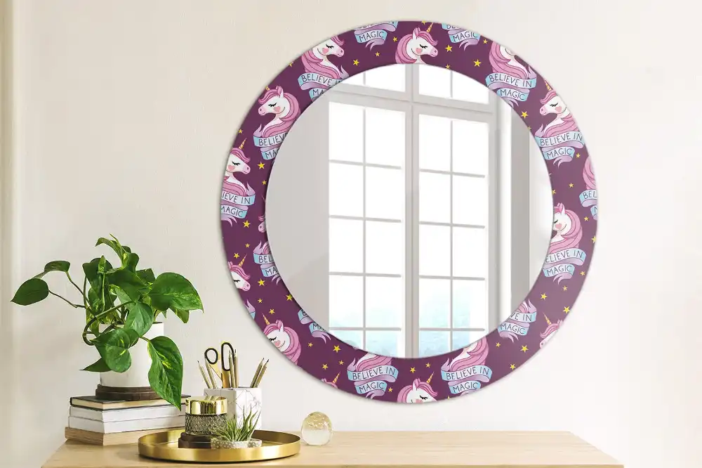Miroir rond cadre avec impression licorne avec étoiles