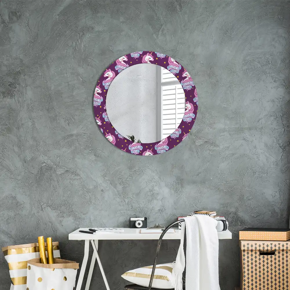 Miroir rond cadre avec impression licorne avec étoiles
