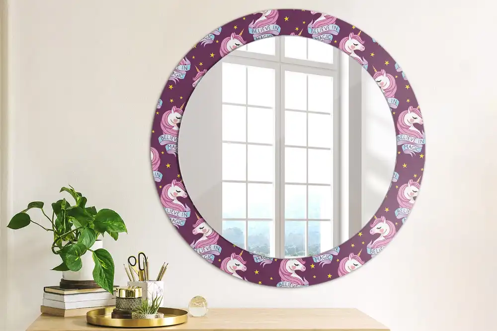 Miroir rond cadre avec impression licorne avec étoiles