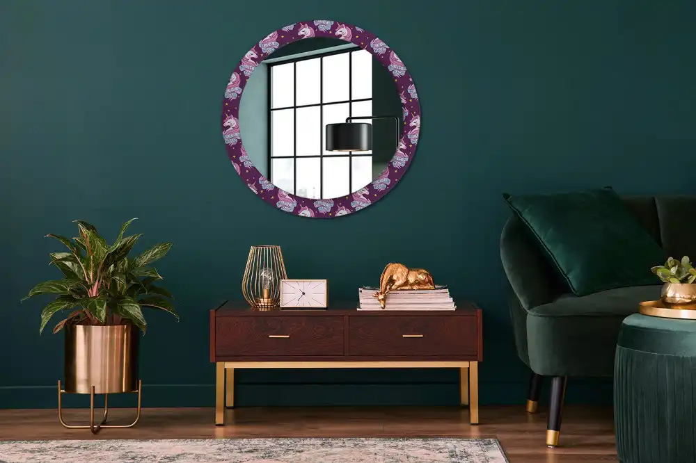 Miroir rond cadre avec impression licorne avec étoiles