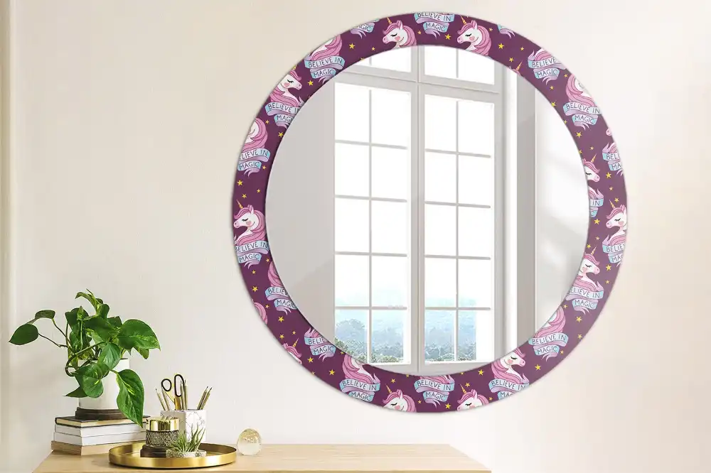 Miroir rond cadre avec impression licorne avec étoiles