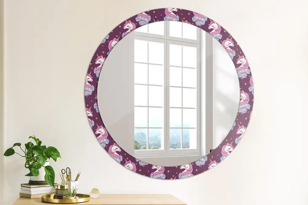Miroir rond cadre avec impression licorne avec étoiles