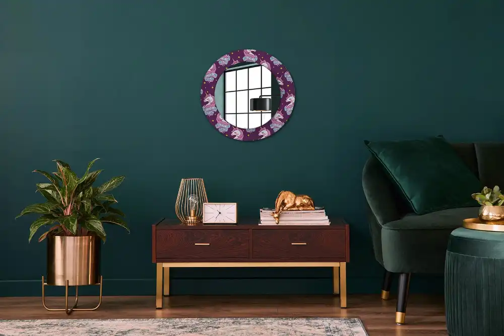 Miroir rond cadre avec impression licorne avec étoiles