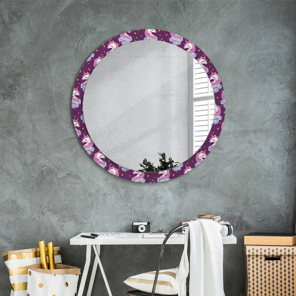 Miroir rond cadre avec impression licorne avec étoiles