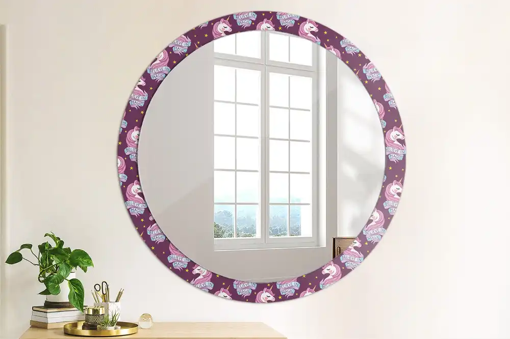 Miroir rond cadre avec impression licorne avec étoiles