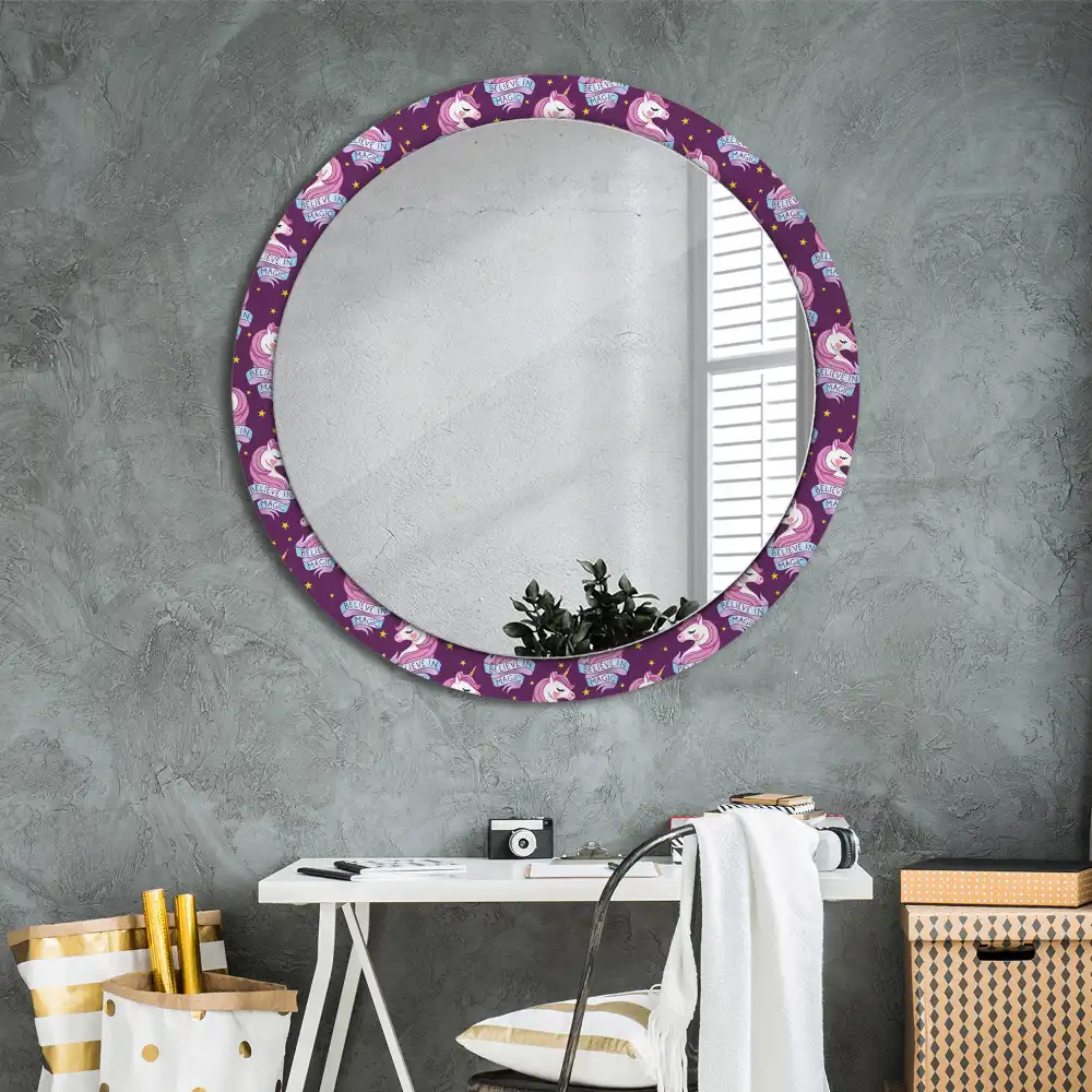 Miroir rond cadre avec impression licorne avec étoiles