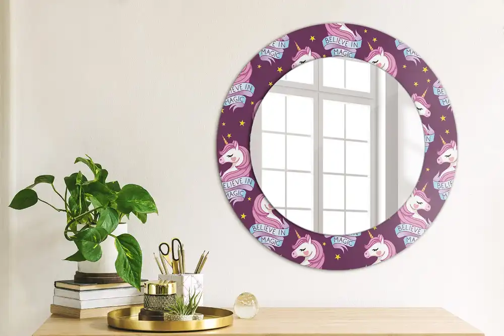 Miroir rond cadre avec impression licorne avec étoiles
