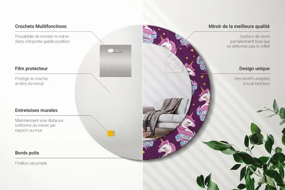 Miroir rond cadre avec impression licorne avec étoiles