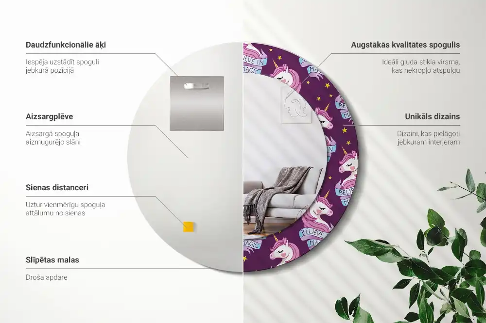 Miroir rond cadre avec impression licorne avec étoiles