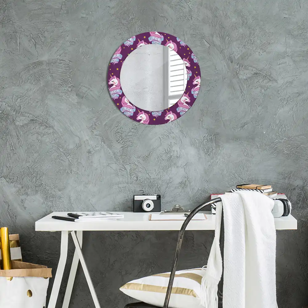 Miroir rond cadre avec impression licorne avec étoiles