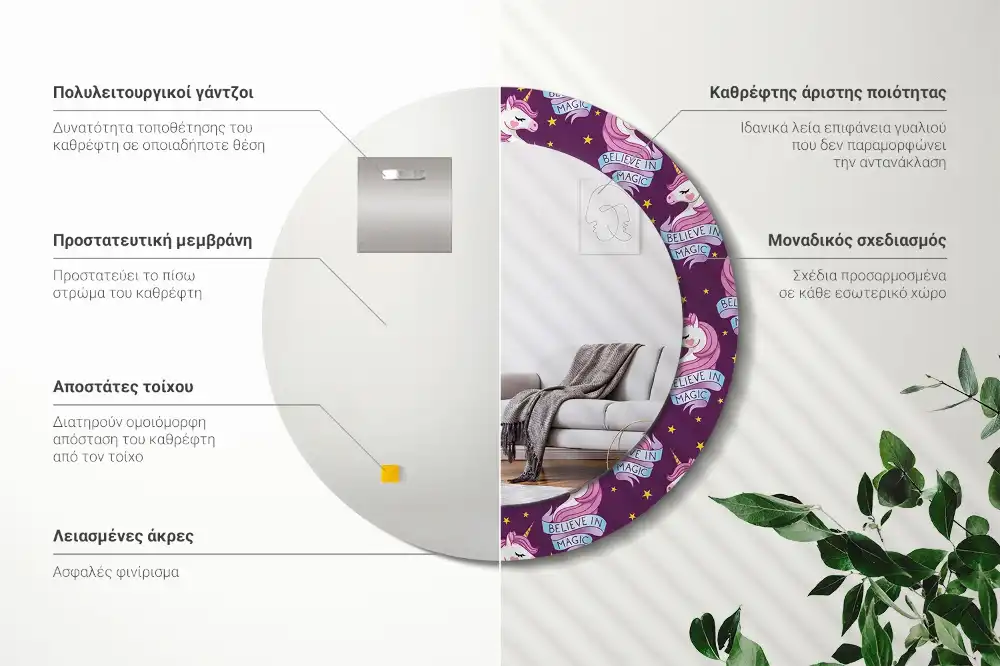Miroir rond cadre avec impression licorne avec étoiles