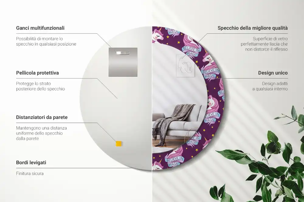 Miroir rond cadre avec impression licorne avec étoiles