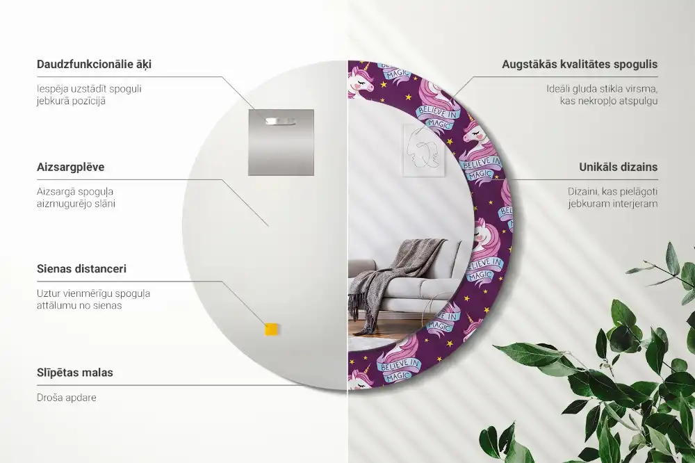 Miroir rond cadre avec impression licorne avec étoiles
