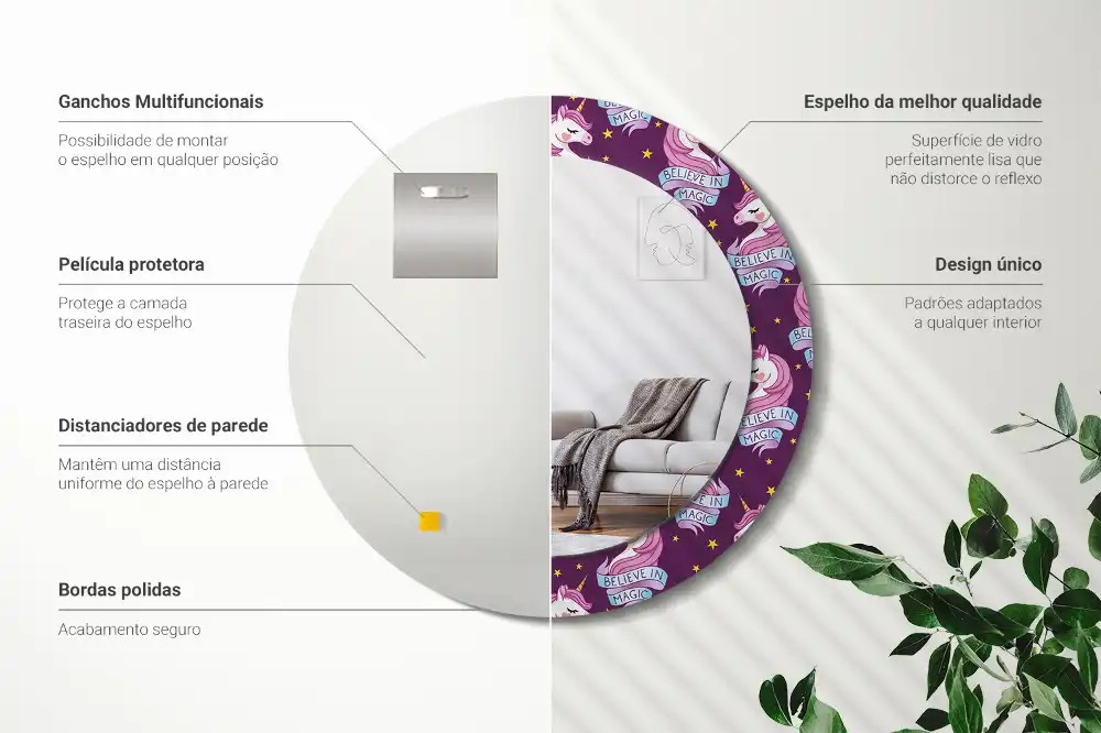 Miroir rond cadre avec impression licorne avec étoiles