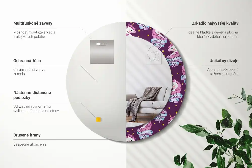 Miroir rond cadre avec impression licorne avec étoiles