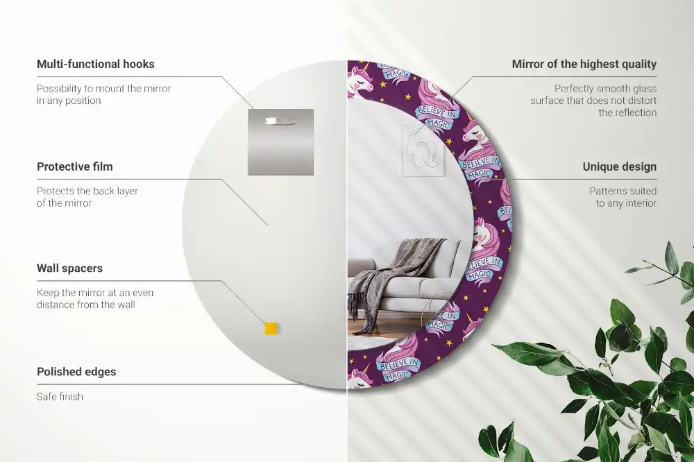 Miroir rond cadre avec impression licorne avec étoiles