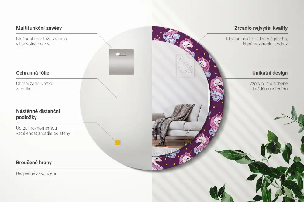 Miroir rond cadre avec impression licorne avec étoiles