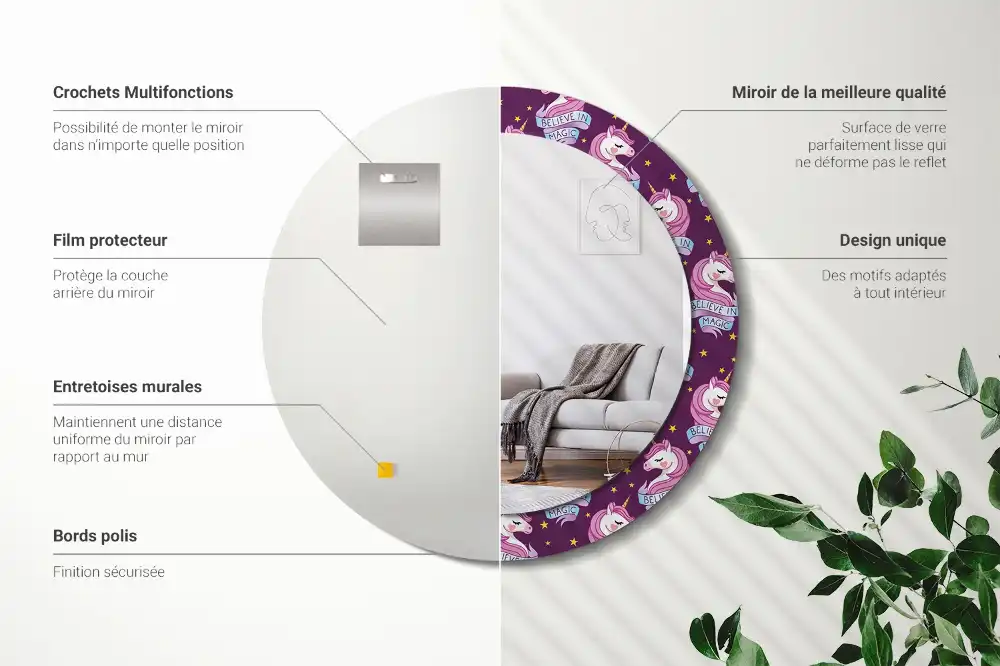 Miroir rond cadre avec impression licorne avec étoiles