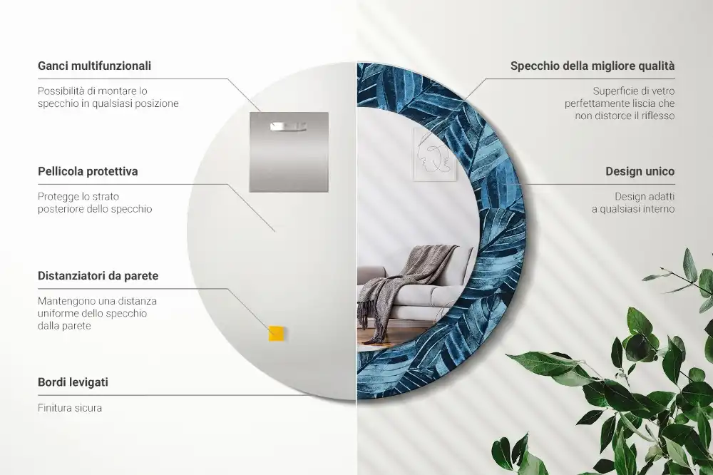 Miroir rond avec décoration feuilles de la jungle