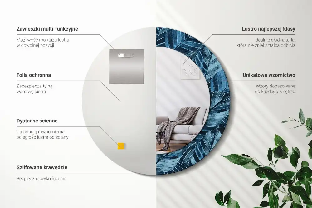 Miroir rond avec décoration feuilles de la jungle