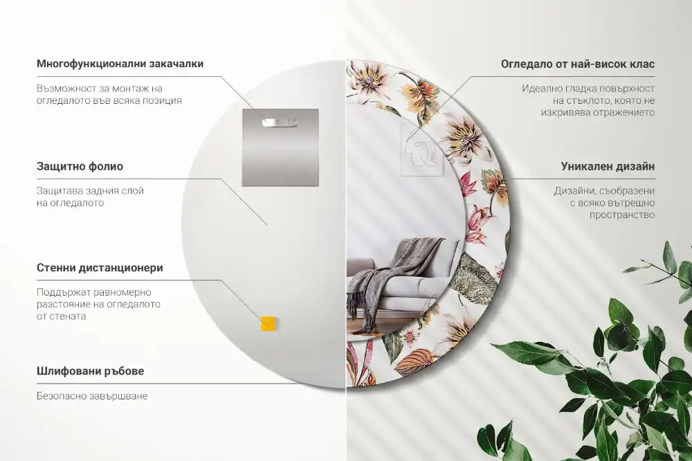 Miroir rond cadre avec impression fleurs vintage