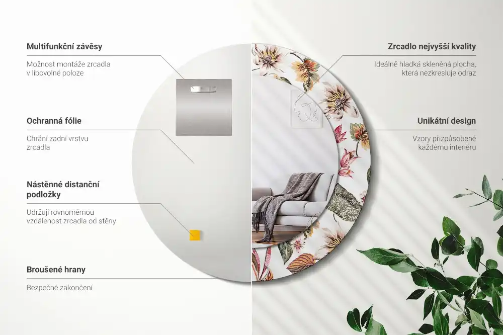 Miroir rond cadre avec impression fleurs vintage