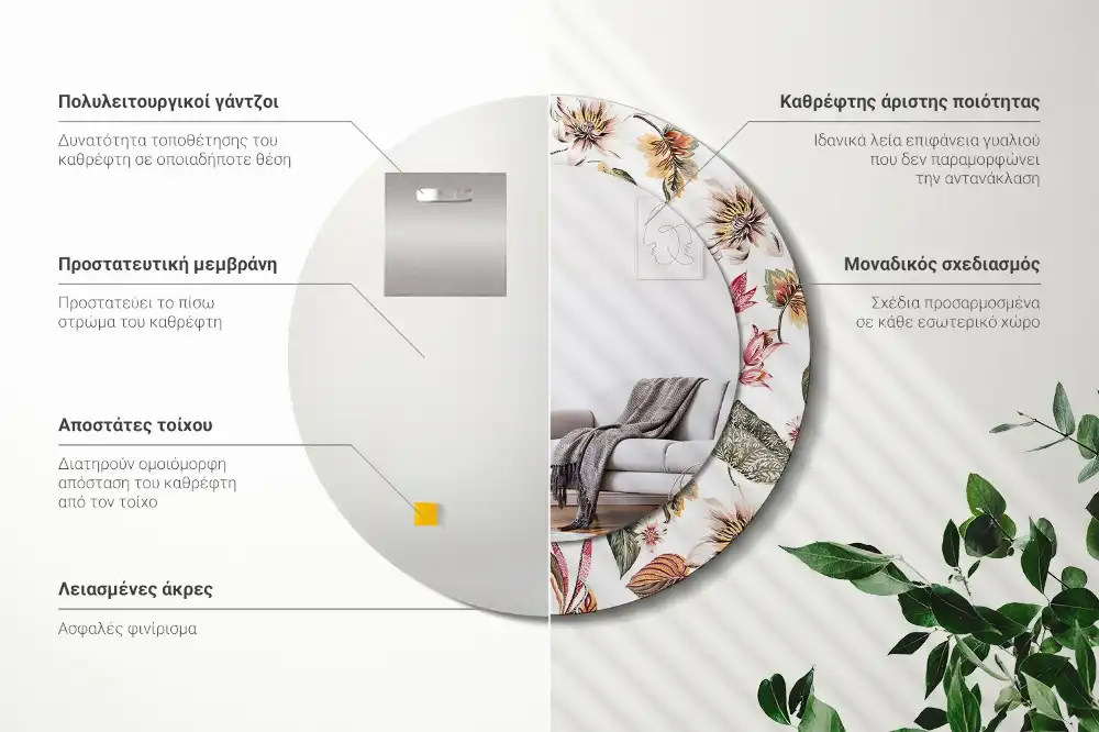 Miroir rond cadre avec impression fleurs vintage