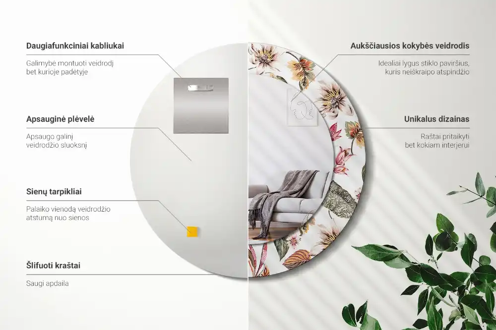 Miroir rond cadre avec impression fleurs vintage